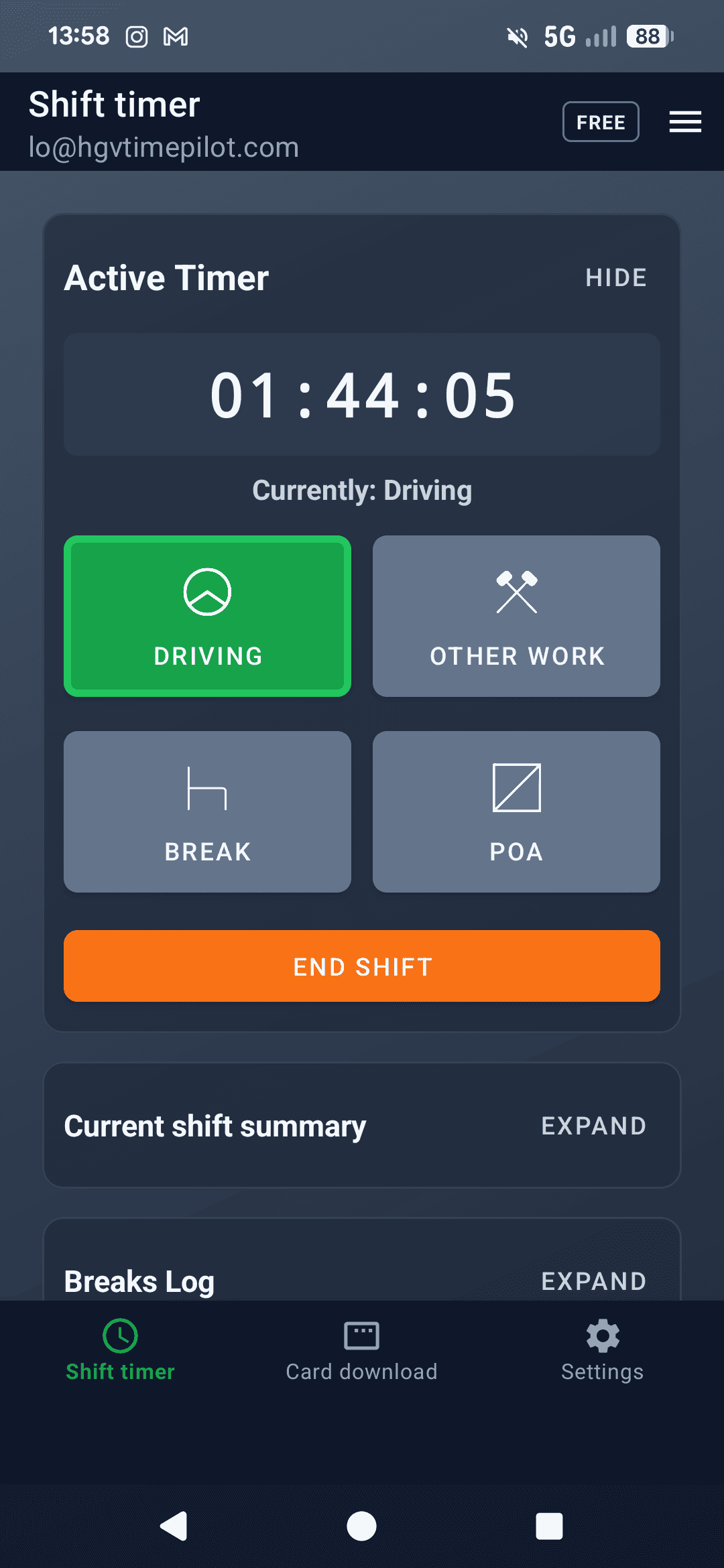 HGV Time Pilot — live shift timer with Driving, Other Work, Break and POA