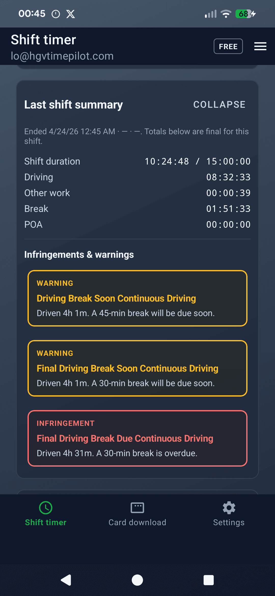 Shift summary with infringement detail in the HGV Time Pilot Android app