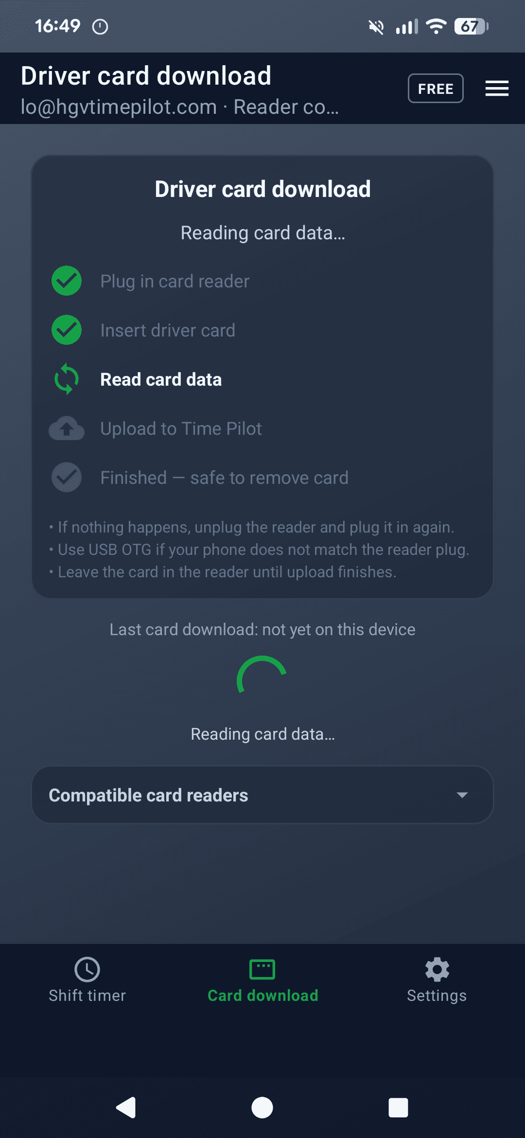Driver-card download in progress on the HGV Time Pilot Android app