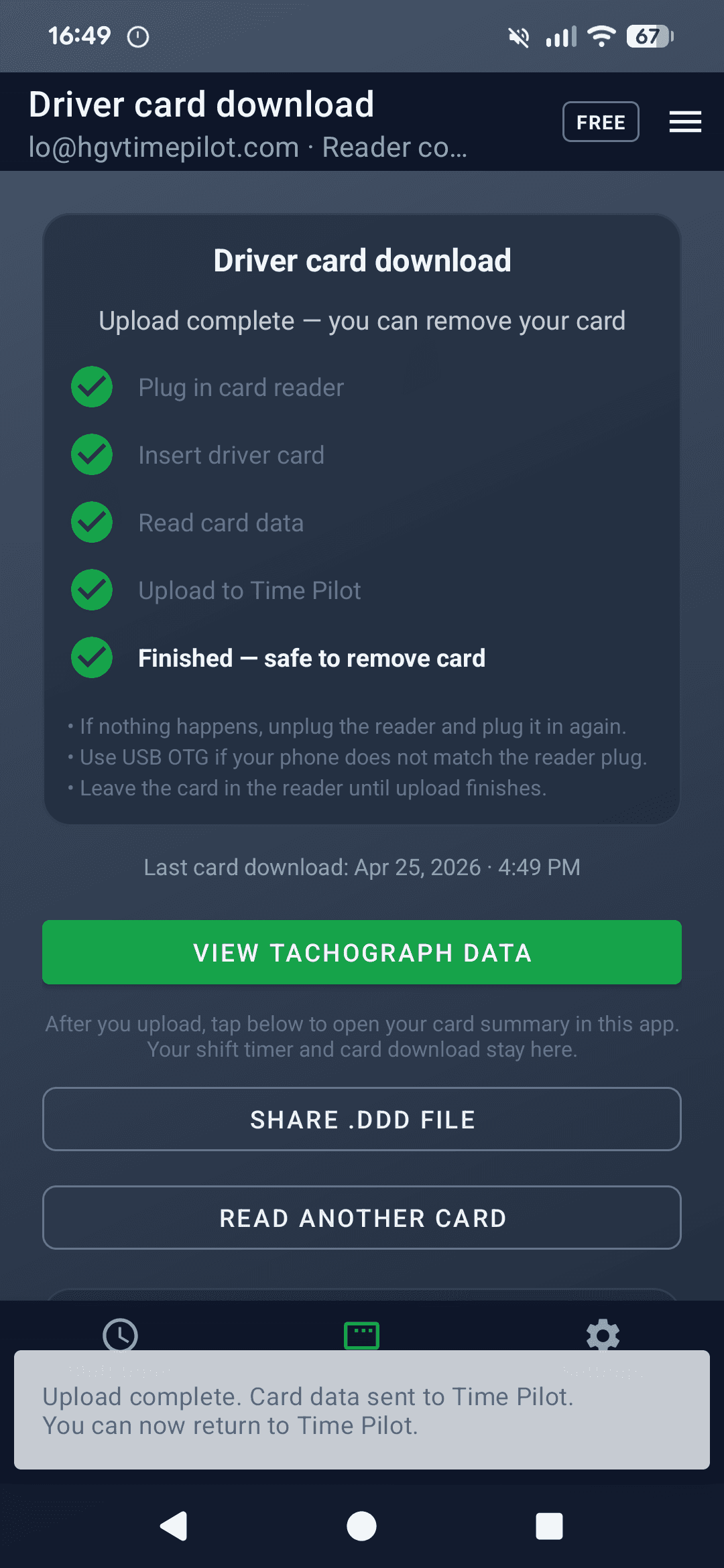 Successful driver card read confirmation screen in the HGV Time Pilot Android app